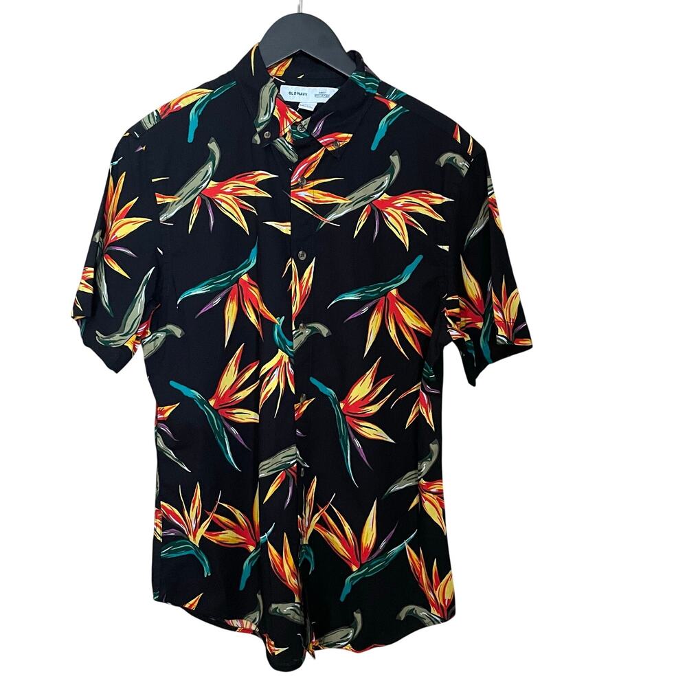 Old Navy Birds of Paradise Shirt Mens Medium Slim Fit Tropical Hawaiian Floral